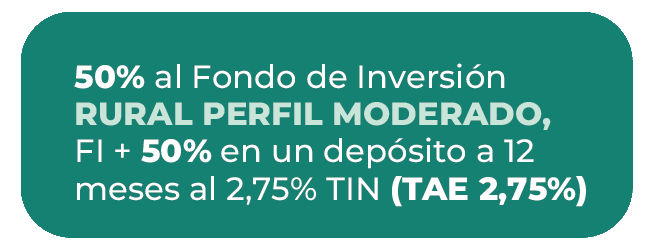 50% al Fondo de inversión RURAL PERFIL MODERADO, FI + 50% en un depósito a 12 meses al 2,75% TIN (TAE 2,75%)