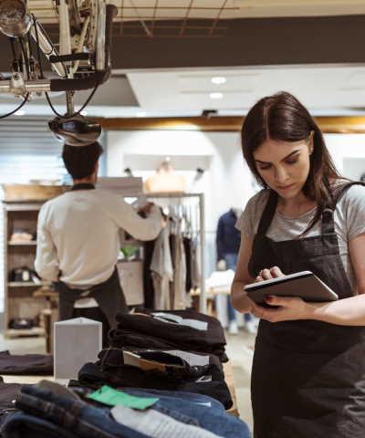Momento Seguir creciendo con mi negocio -400x480-mujer-dependienta-usando-tablet-mientras-el-companero-de-trabajo-ordena-la-ropa-en-la-tienda - Caja Rural de Navarra